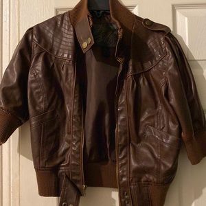 Brown leather crop bomber jacket